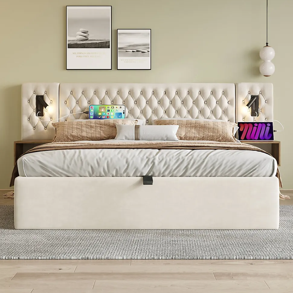 Lit 180x200 cm en velours beige, tête de lit rembourrée et rangement hydraulique avec tables de chevet