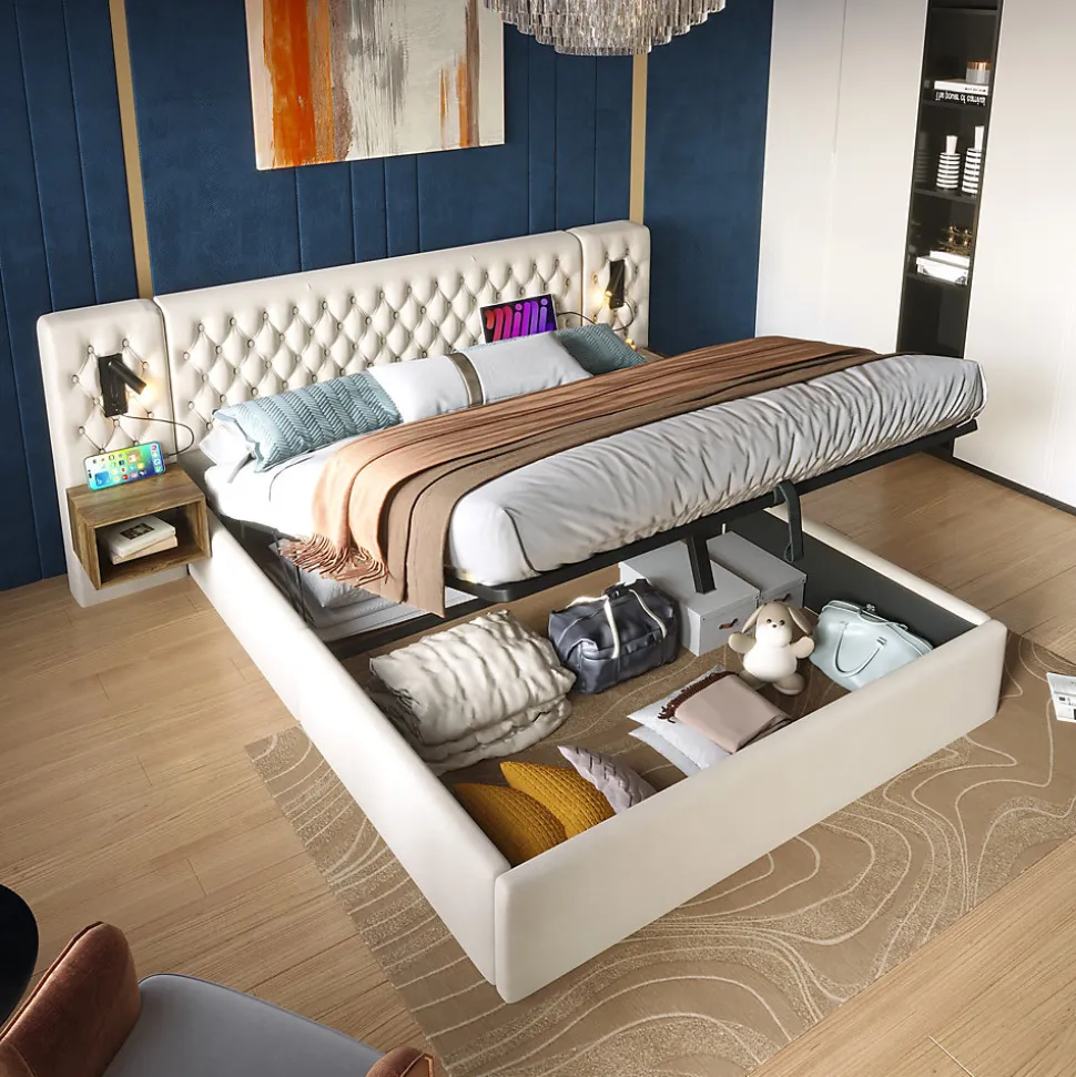 Lit 180x200 cm en velours beige, tête de lit rembourrée et rangement hydraulique avec tables de chevet