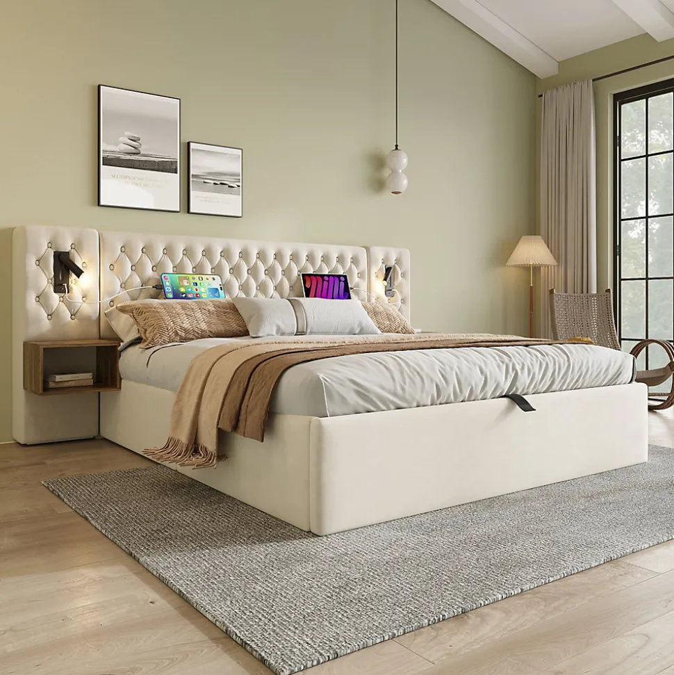 Lit 180x200 cm en velours beige, tête de lit rembourrée et rangement hydraulique avec tables de chevet