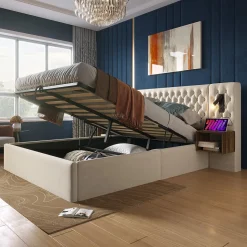 Lit 180x200 cm en velours beige, tête de lit rembourrée et rangement hydraulique avec tables de chevet