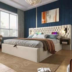 Lit 180x200 cm en velours beige, tête de lit rembourrée et rangement hydraulique avec tables de chevet