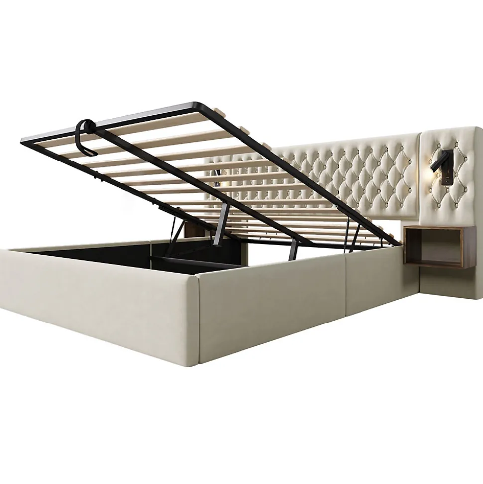 Lit 180x200 cm en velours beige, tête de lit rembourrée et rangement hydraulique avec tables de chevet