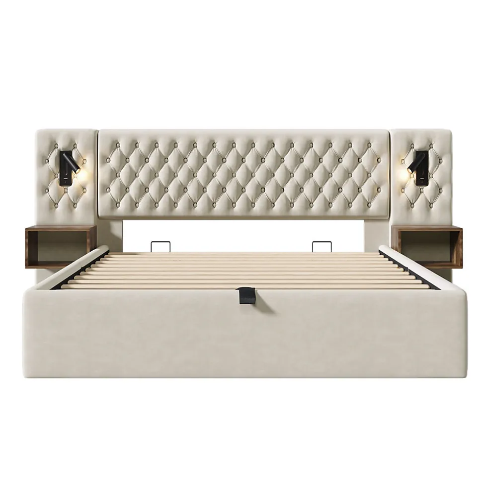 Lit 180x200 cm en velours beige, tête de lit rembourrée et rangement hydraulique avec tables de chevet