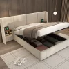 Lit 160x200 cm en velours beige avec rangement hydraulique, 2 tables de chevet et prises USB