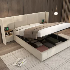 Lit 160x200 cm en velours beige avec rangement hydraulique, 2 tables de chevet et prises USB