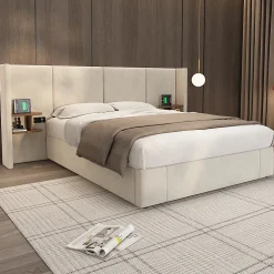 Lit 160x200 cm en velours beige avec rangement hydraulique, 2 tables de chevet et prises USB