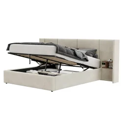Lit 160x200 cm en velours beige avec rangement hydraulique, 2 tables de chevet et prises USB