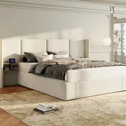Lit 160x200 cm en velours beige avec rangement hydraulique, 2 tables de chevet et prises USB