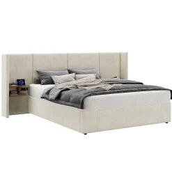 Lit 160x200 cm en velours beige avec rangement hydraulique, 2 tables de chevet et prises USB