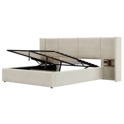 Lit 160x200 cm en velours beige avec rangement hydraulique, 2 tables de chevet et prises USB