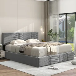 Lit 140x190 cm en velours gris avec rangement hydraulique, tête de lit réglable et finition rayée élégante