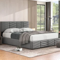 Lit 140x190 cm en velours gris avec rangement hydraulique, tête de lit réglable et finition rayée élégante