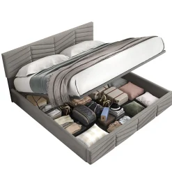 Lit 140x190 cm en velours gris avec rangement hydraulique, tête de lit réglable et finition rayée élégante