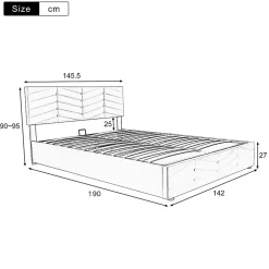 Lit 140x190 cm en velours gris avec rangement hydraulique, tête de lit réglable et finition rayée élégante