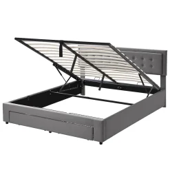 Lit 180x200 cm en velours gris avec grand coffre de rangement et tête de lit réglable, style européen élégant