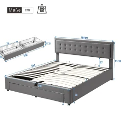 Lit 180x200 cm en velours gris avec grand coffre de rangement et tête de lit réglable, style européen élégant
