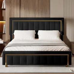 Lit 140x200 cm en velours noir à rayures verticales avec bordure dorée, Design élégant et moderne pour chambre adulte ou ado