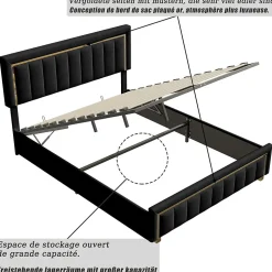 Lit 140x200 cm en velours noir à rayures verticales avec bordure dorée, Design élégant et moderne pour chambre adulte ou ado