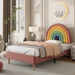 Lit 90x200 cm en velours rose avec tête de lit réglable de 6 cm, sommier 12 lattes et pieds stables, moderne