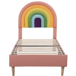 Lit 90x200 cm en velours rose avec tête de lit réglable de 6 cm, sommier 12 lattes et pieds stables, moderne