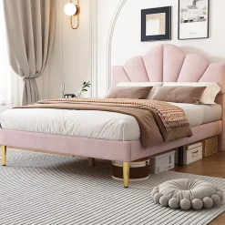 Lit 140x200 cm en velours rose avec tête de lit réglable, pieds métal doré et sommier à lattes bois