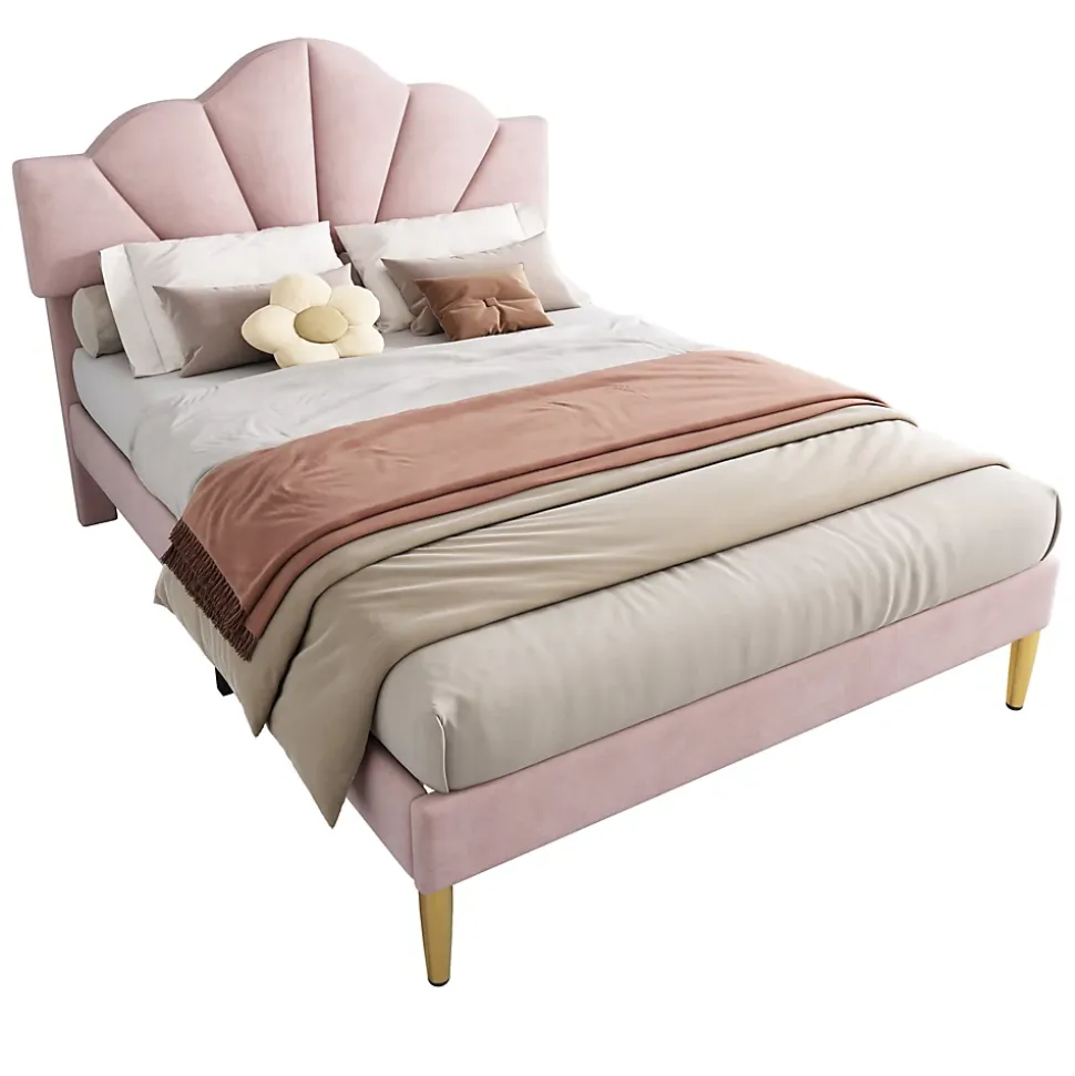 Lit 140x200 cm en velours rose avec tête de lit réglable, pieds métal doré et sommier à lattes bois