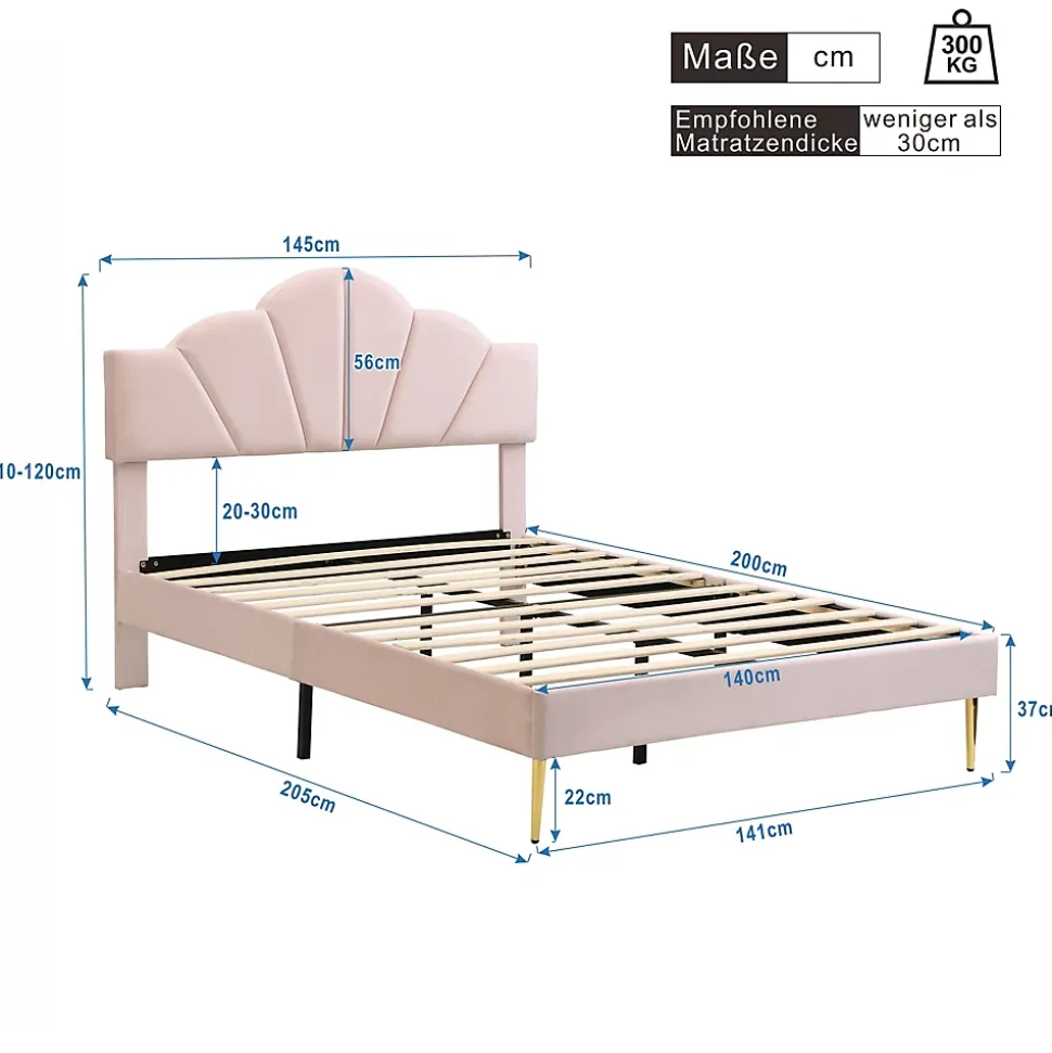 Lit 140x200 cm en velours rose avec tête de lit réglable, pieds métal doré et sommier à lattes bois