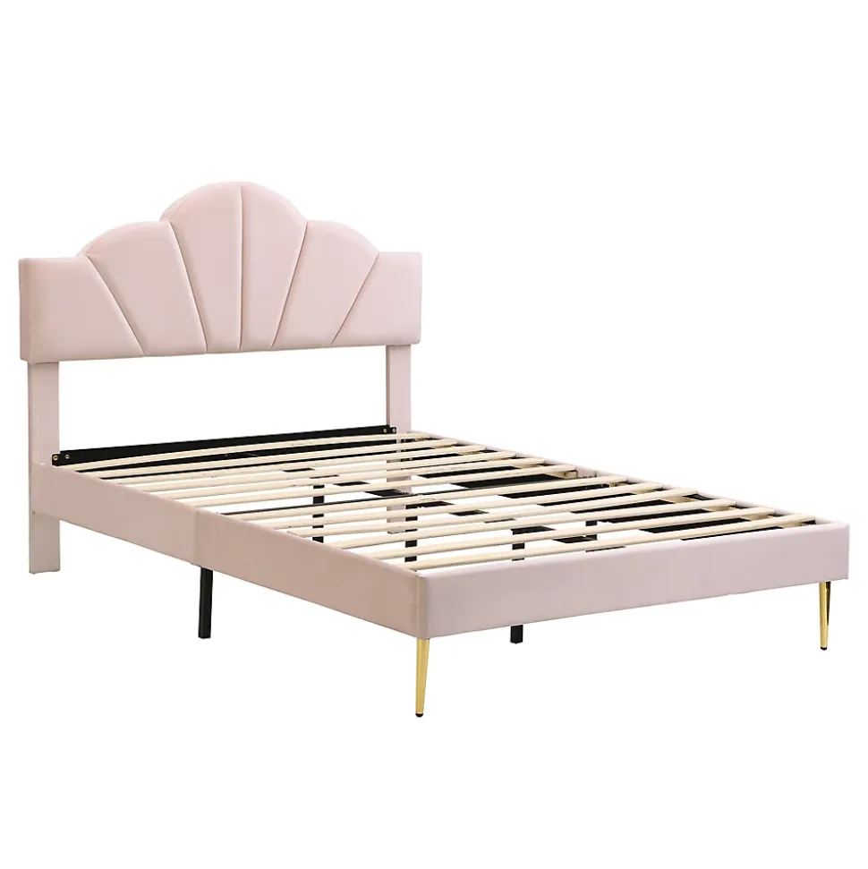 Lit 140x200 cm en velours rose avec tête de lit réglable, pieds métal doré et sommier à lattes bois