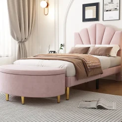 Lit 90x200 cm en velours rose avec tête de lit réglable style coquillage et pieds métal doré, élégant