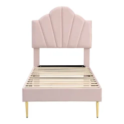 Lit 90x200 cm en velours rose avec tête de lit réglable style coquillage et pieds métal doré, élégant