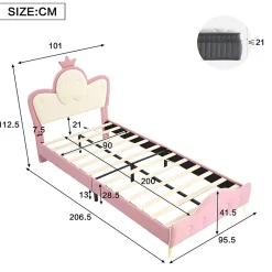 Lit 90x200 cm enfant avec tête rembourrée en vague et couronne, PU blanc/rose et bande LED intégrée