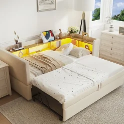 Lit 90/180x190 cm extensible avec rangements intégrés, éclairage LED, prises et tissu flanelle beige