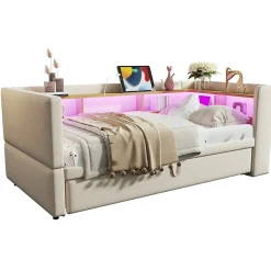 Lit 90/180x190 cm extensible avec rangements intégrés, éclairage LED, prises et tissu flanelle beige