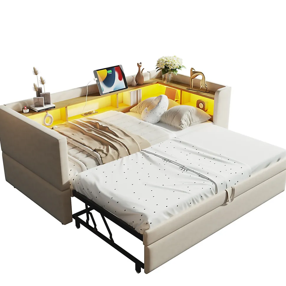 Lit 90/180x190 cm extensible avec rangements intégrés, éclairage LED, prises et tissu flanelle beige