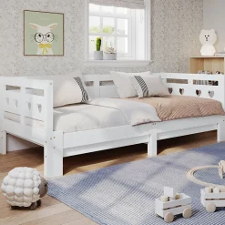 Lit 90x200 cm extensible avec 2e couchage et tête en forme de cœur en pin massif blanc, design romantique