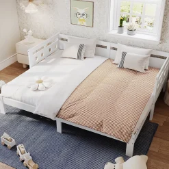 Lit 90x200 cm extensible avec 2e couchage et tête en forme de cœur en pin massif blanc, design romantique