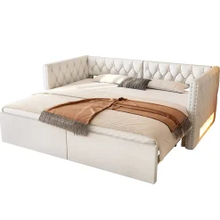 Lit 90x200 cm extensible en 180x200 cm avec éclairage LED, revêtement lin beige, design contemporain