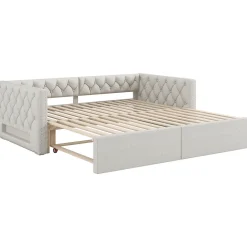 Lit 90x200 cm extensible en 180x200 cm avec éclairage LED, revêtement lin beige, design contemporain