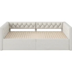 Lit 90x200 cm extensible en 180x200 cm avec éclairage LED, revêtement lin beige, design contemporain