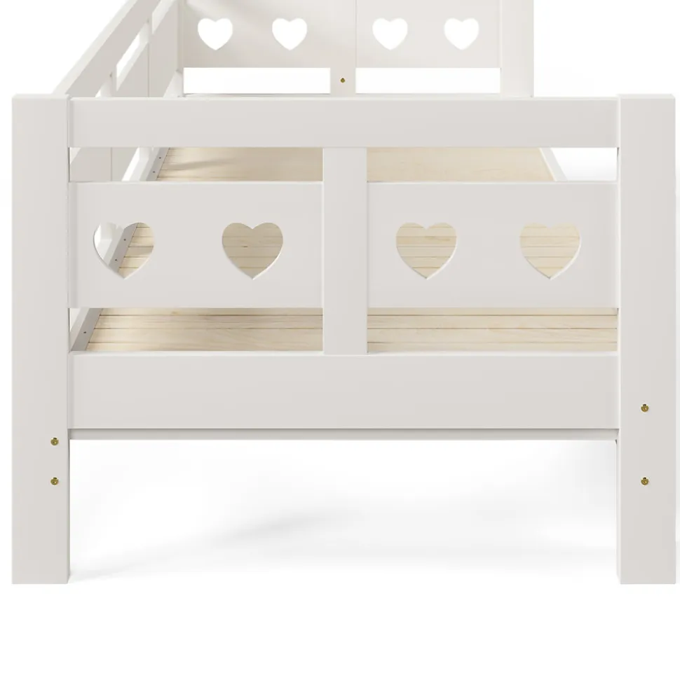 Lit 90x190 cm extensible en 182x190 cm, cadre pin massif en forme de cœur, blanc élégant