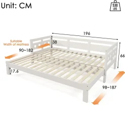 Lit 90x190 cm extensible en 182x190 cm, cadre pin massif en forme de cœur, blanc élégant