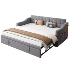 Lit 90x190 cm extensible jusqu'à 180 cm, convertible en sofa en velours gris avec ports USB intégrés