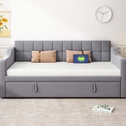 Lit 90x190 cm extensible jusqu'à 180 cm, convertible en sofa en velours gris avec ports USB intégrés