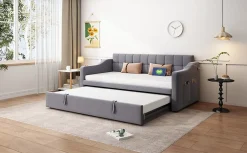 Lit 90x190 cm extensible jusqu'à 180 cm, convertible en sofa en velours gris avec ports USB intégrés
