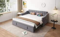Lit 90x190 cm extensible jusqu'à 180 cm, convertible en sofa en velours gris avec ports USB intégrés