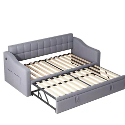 Lit 90x190 cm extensible jusqu'à 180 cm, convertible en sofa en velours gris avec ports USB intégrés