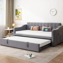 Lit 90x190 cm extensible jusqu'à 180 cm, convertible en sofa en velours gris avec ports USB intégrés