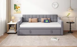 Lit 90x190 cm extensible jusqu'à 180 cm, convertible en sofa en velours gris avec ports USB intégrés