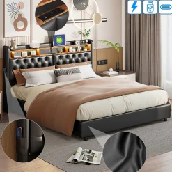 Lit 180x200 cm, LED, port USB, coffre de rangement, tête de lit, sommier à lattes, PU noir (2 personnes).