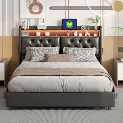 Lit 180x200 cm, LED, port USB, coffre de rangement, tête de lit, sommier à lattes, PU noir (2 personnes).